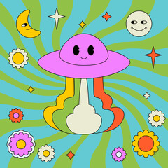 Colourful groovy illustration with ufo, planets, stars and flowers. Hippie outlined patch.