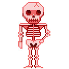 An 8-bit retro-styled pixel-art illustration of a red skeleton.