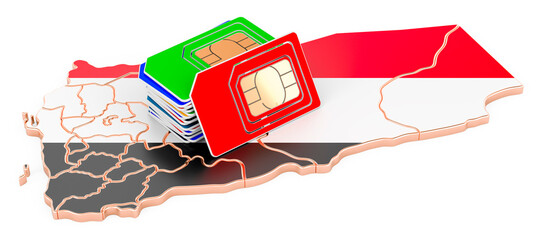 Sim cards on the Yemeni map. Mobile communications, roaming in Yemen, concept. 3D rendering - obrazy, fototapety, plakaty