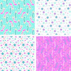 Fototapeta na wymiar A set of Christmas seamless backgrounds. Doodle illustration with socks for Santa. A simple drawing. Four Festive textures. Flat pattern for packaging.