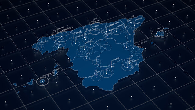 Spain blue map big data visualization. Futuristic map infographic. Information aesthetics. Visual data complexity. Complex Spain data graphic visualization. 3d render illustration