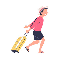 Teen Boy in Hat with Suitcase Going on Summer Vacation Having Journey Vector Illustration