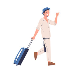 Walking Man Character in Hat with Suitcase Going on Summer Vacation Having Journey Vector Illustration