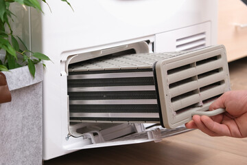 Drying machine with a full filter of lint, hair, dust, wool after the drying cycle of towels, bed...