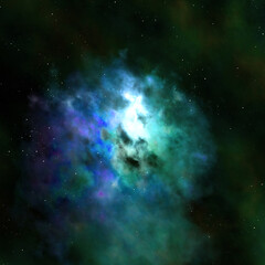 Fototapeta na wymiar Spectacular close up view at spherical nebula with lighting gas clouds, green blue colored stellar formation with lot stand alone stars around
