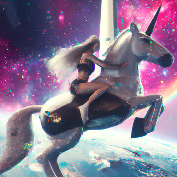 Digital painting of girl riding a white Ethereum unicorn and flying in multicolored outer space and earth in the background