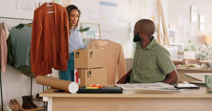 Fashion, courier and startup business people with delivery boxes export services, e commerce and supply chain industry. Designer worker with retail clothes product for logistics, retail and package