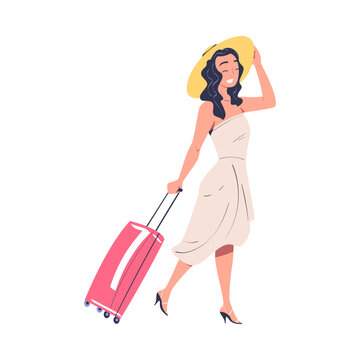 Woman Character in Hat with Suitcase Going on Summer Vacation Having Journey Vector Illustration