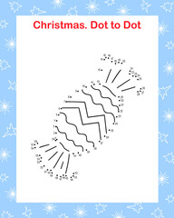 Christmas sweet candy dot to dot fun educational game or leisure worksheet, outline doodle vector illustration, winter holidays seasonal activity, New Year celebration fun for kids, number learning