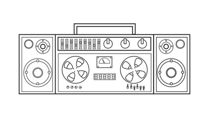 Old retro vintage music cassette tape recorder with magnetic tape on reels and speakers from the 70s, 80s, 90s. Black and white icon. Vector illustration