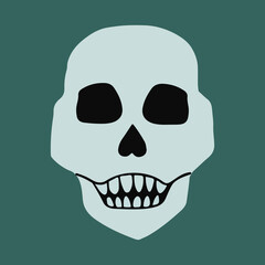 Halloween and Day of The Dead sticker with scary human skull. Flat cartoon vector illustration, Jolly Roger logo template style. Death t-shirt design, pirate insignia concept.