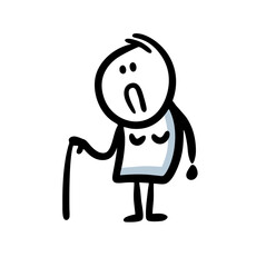 Doodle figure of sad old woman with walking stick.