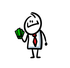 Smirking businessman in office costume and tie holds a wad of money in hand.
