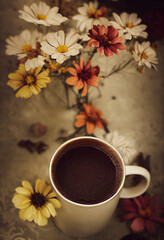 Champurrado. Chocolate. Traditional Mexican Chocolat. Cup of hot chocolate. Bebida tradicional mexicana Champurrado. Day of the dead celebration and lots of marigolds