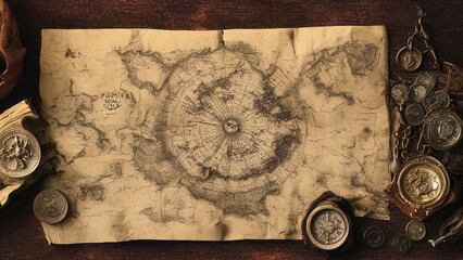 Old treasure map, coins, wind rose, compass. 3D illustration.