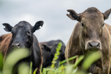 sustainable agriculture cow farm in a field, beef cows in a field. livestock herd grazing on grass on a farm. african cow, healthy regenerative food production