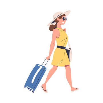 Woman Character in Hat and Sunglasses with Suitcase Going on Summer Vacation Having Journey Vector Illustration