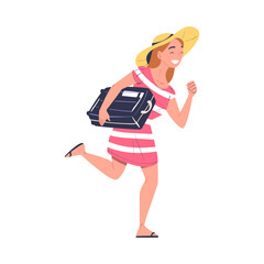 Woman Character in Hat with Suitcase Running Going on Summer Vacation Having Journey Vector Illustration