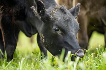 Fototapeta premium herd of Cows grazing on pasture in a field. regenerative angus cattle in a paddock