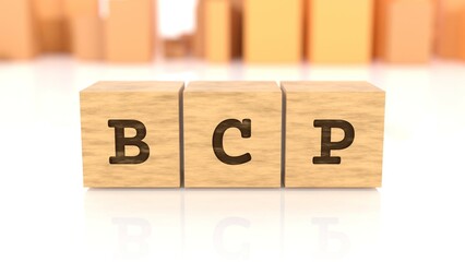 Word with the text BCP branded on wooden cube blocks reflected on the shiny table. Business concept. In the back are wooden cuboids in different shapes. (3D rendering)