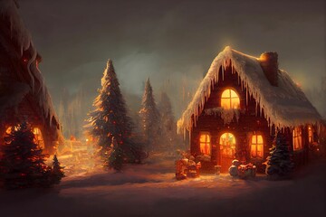 Christmas Cabin Fantasy Digital Concept Art - obrazy, fototapety, plakaty
