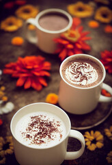 Champurrado. Chocolate. Traditional Mexican Chocolat. Cup of hot chocolate. Bebida tradicional mexicana Champurrado. Day of the dead celebration and lots of marigolds
