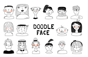 Set Doodle Faces. Black and white Doodle avatars. Vector hand draw illustration
