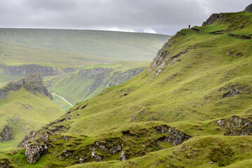 Quraing mountain pass and hiking path views, in mid summer,Trotternish,Isle of Skye,Highlands of Scotland,UK.