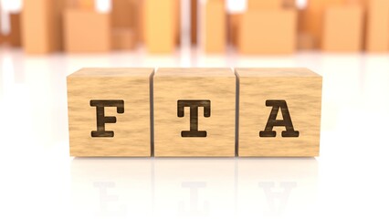 Word FTA chiselled on wooden blocks reflected on the white surface. Business concept. In the back are wooden cuboids in various shapes. (3D rendering)