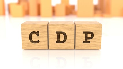 Letters CDP chiselled on wooden cubes reflected on the white surface. Business concept. In the back are wooden cuboids in many different shapes. (3D rendering)
