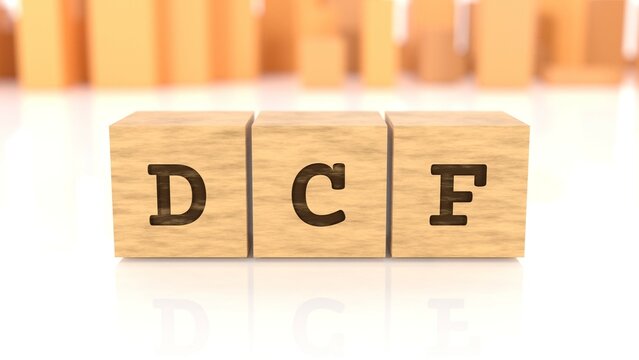 Word DCF engraved on wooden cubes reflected on the bright surface. Business concept. In the back are wooden cuboids in different shapes. (3D rendering)