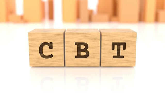 Letters CBT branded on wooden cube blocks reflected on the bright surface. Business concept. In the back are wooden cuboids in many different shapes. (3D rendering)