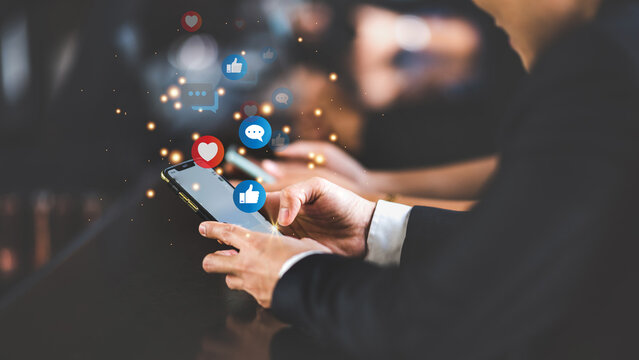 business network communication concept, person hand using smartphone on online cyberspace technology for digital social media connection, showing mobile web marketing with emotion icon on phone device
