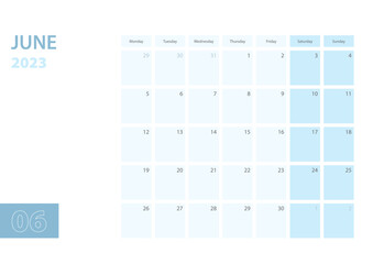 Calendar template for the June 2023, the week starts on Monday. The calendar is in a blue color scheme.