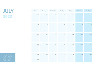 Calendar template for the July 2023, the week starts on Monday. The calendar is in a blue color scheme.