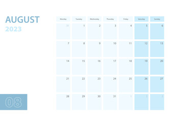 Calendar template for the August 2023, the week starts on Monday. The calendar is in a blue color scheme.