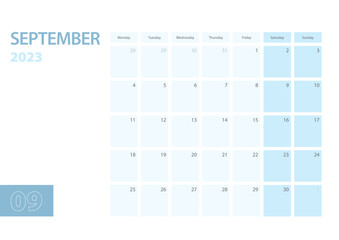 Calendar template for the September 2023, the week starts on Monday. The calendar is in a blue color scheme.