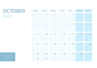 Calendar template for the October 2023, the week starts on Monday. The calendar is in a blue color scheme.