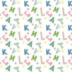 A pattern of multicolored letters and dots