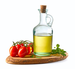 olive oil and tomatoes on wooden cutting board