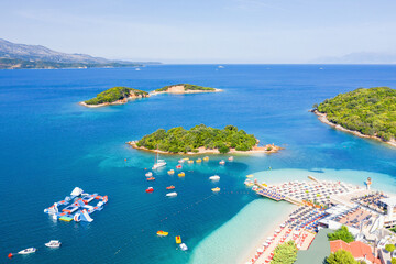 Ksamil beaches. Four islands. The bay. The Tetran Archipelago. Ksamil. Albania. Drone shooting. Aerial photography