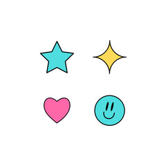 Y2k groovy elements. Smile, stars, heart isolated on white background. 2000 vibes collection. 2000s cartoon hand drawn vector illustration.