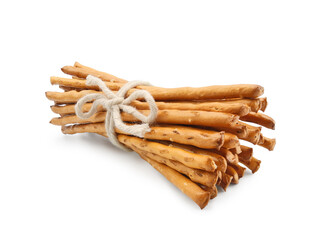 Bundle of salt sticks snack bound with rope isolated on white background  