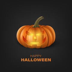Vector Halloween Pumpkin on Black Background. Cute Jack-o-lanterns, Carved Pumpkin Face for Invitations, Cards, Wrapping, Banners Design. 3d Realistic Pumpkin