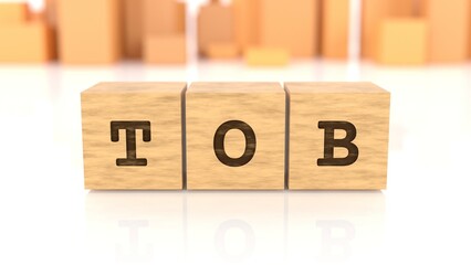 Letters TOB branded on wooden cubes reflected on the bright surface. Business concept. In the back are wooden cuboids in various shapes. (3D rendering)