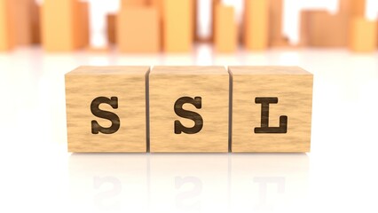 Word SSL chiselled on cube wood reflected on the beautiful table. Business concept. In the back are wooden cuboids in many different shapes. (3D rendering)