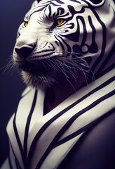 Fantasieporträt eines militanten Tigermörders in einem alten Attentäterkostüm. Das Konzept der alten Krieger. 3D-Rendering © designprojects