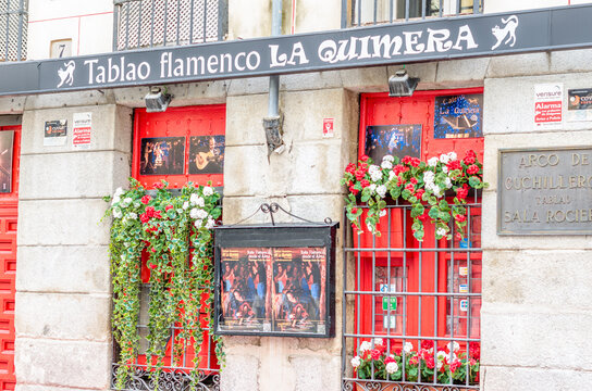 MADRID, SPAIN - OCTOBER 4, 2021: Facade of "La Quimera" flamenco tablao in Madrid, Spain