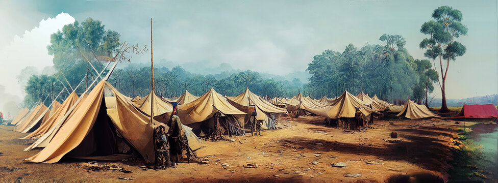 Digital painting of Indian king war camps with tents in a tropical environment. Panoramic wallpaper of aboriginal tribal military camp of indigenous Indians next to a lake. Concept art of wigwams
