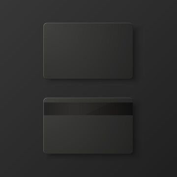 Vector Black Gift Card, Certificate, Guest Room, Plastic Hotel Apartment Keycard, ID Card, Sale, Credit Card Design Template for Mockup, Branding. Top View - Front, Back Side, Magnetic Strip
